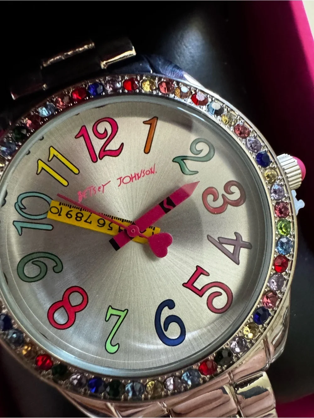 NWT Betsy Johnson Multicolor Crystal Bezel Silver Bracelet Watch